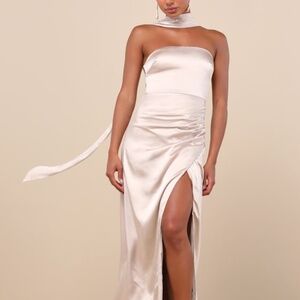Lulus Maritza Champagne Satin Sash Tulip Maxi Dress Beige - Size M